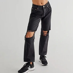 NWOT ONE TEASPOON Trucker Jeans Black Mid Rise Button Fly Size 23 Distressed